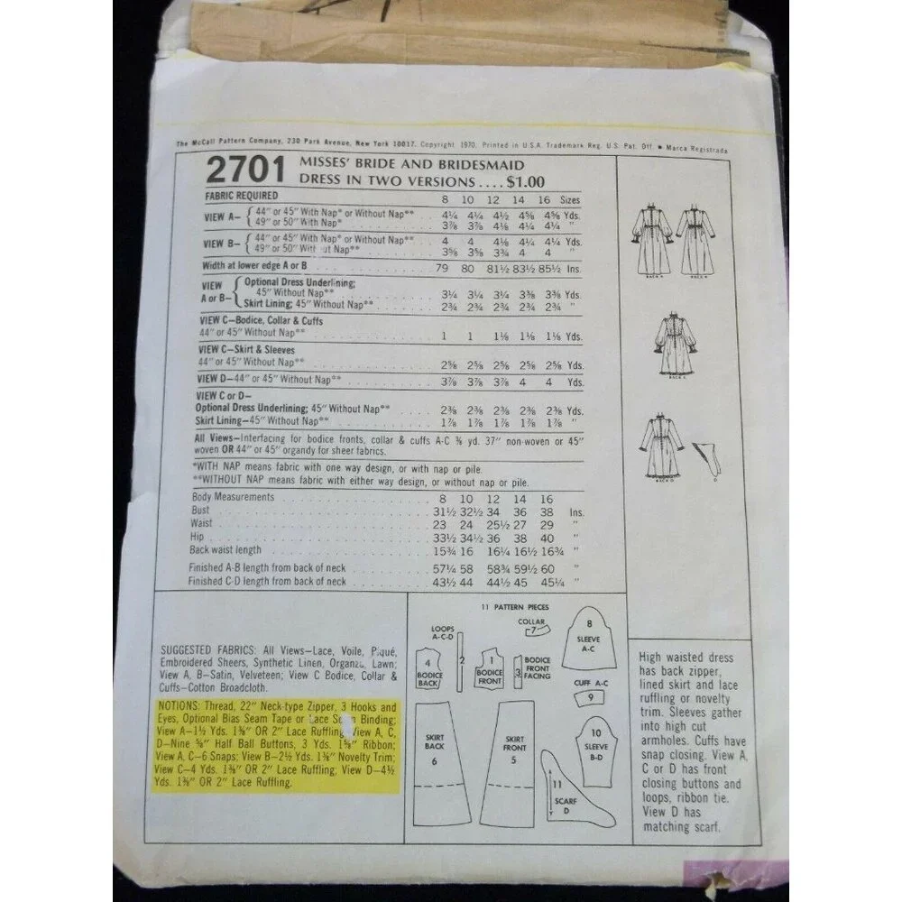 McCalls Sewing Pattern 2701 Size 12 Vtg 70s Cut Wedding Dress Bridesmaid Dress